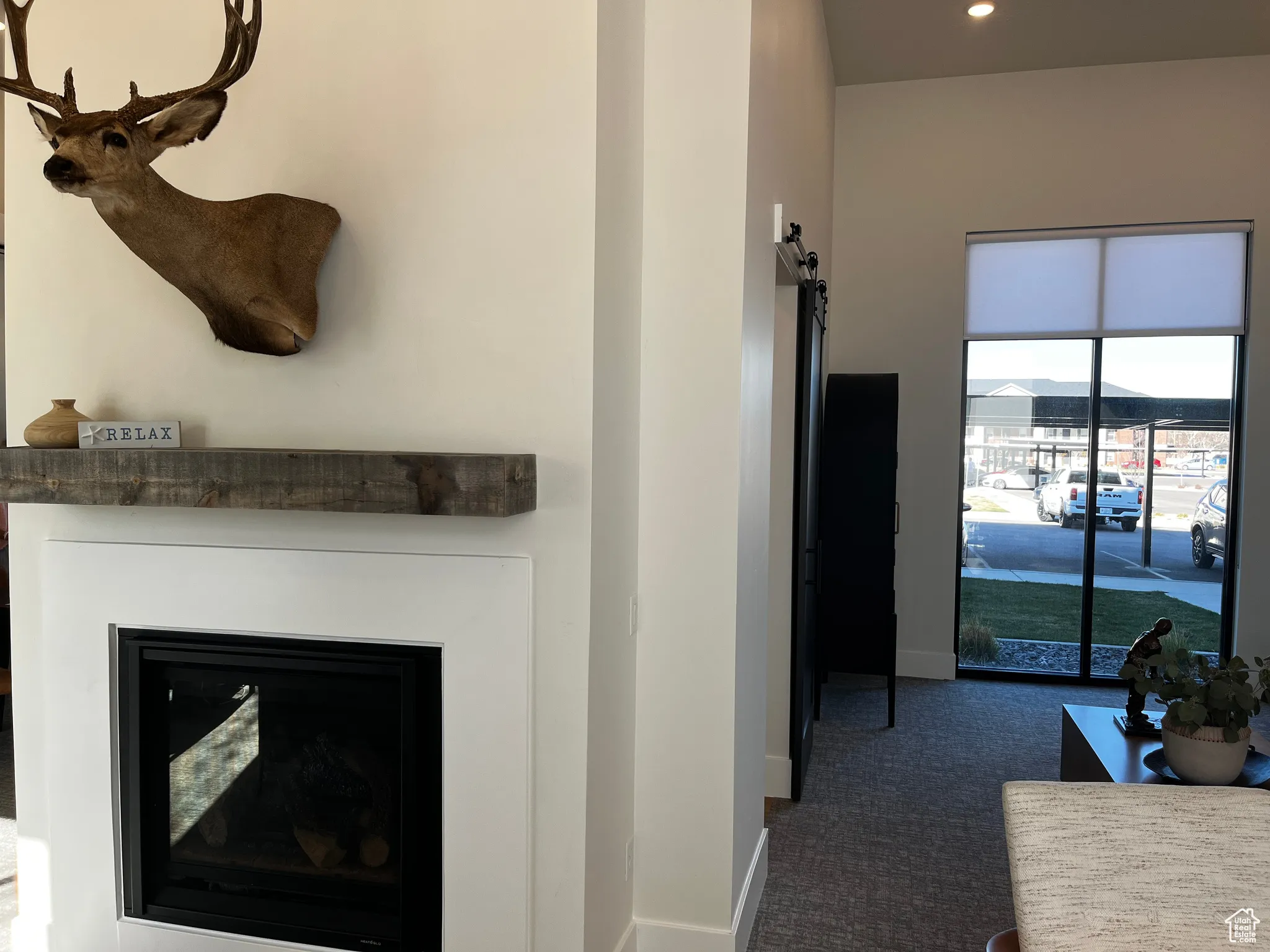 Room details featuring carpet, a barn door, a glass covered fireplace, and baseboards