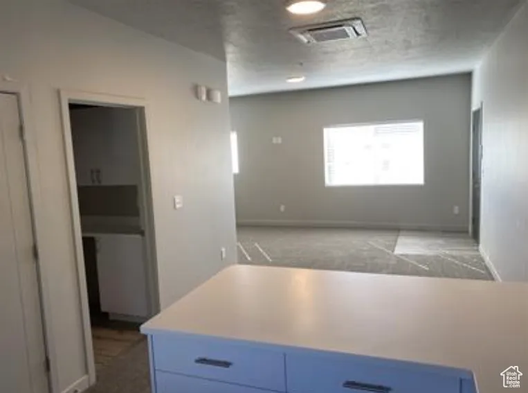 Kitchen with light countertops, blue cabinets, a textured ceiling, visible vents, and carpet