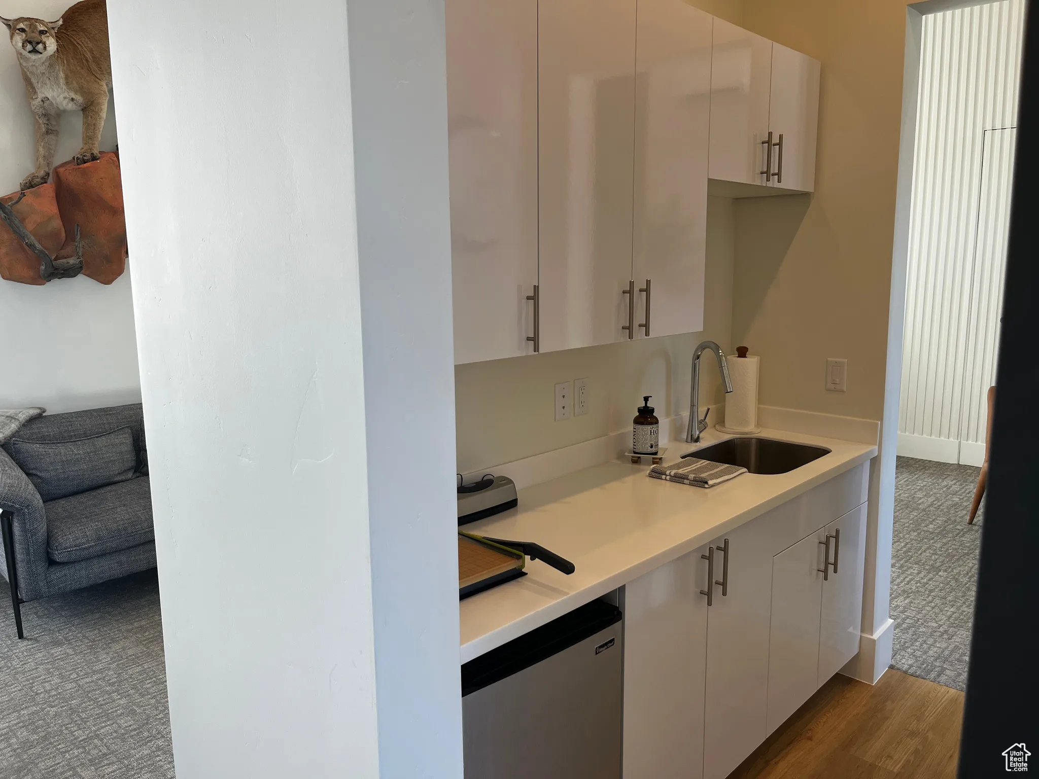 Kitchen with light countertops, a sink, white cabinets, dishwashing machine, and wood finished floors