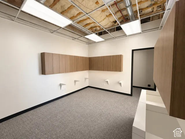 Workspace featuring wood-finish wall-mounted cabinetry, integrated wall shelving, neutral carpeting, and panel lighting