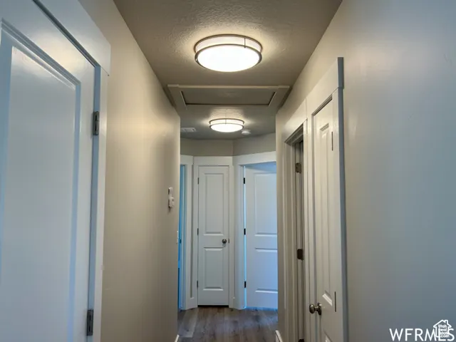 Corridor with attic access, visible vents, dark wood-type flooring, and a textured ceiling