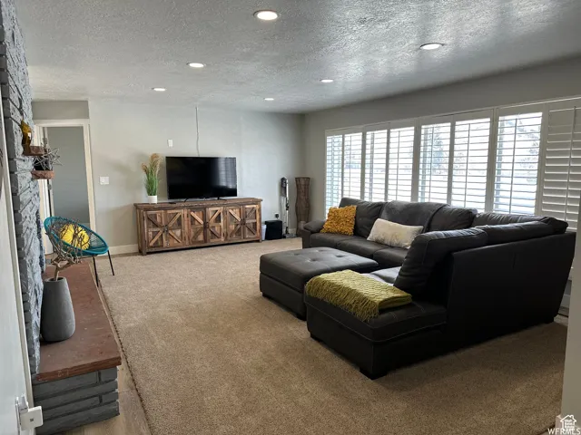 Carpeted living area with baseboards, recessed lighting, and a textured ceiling