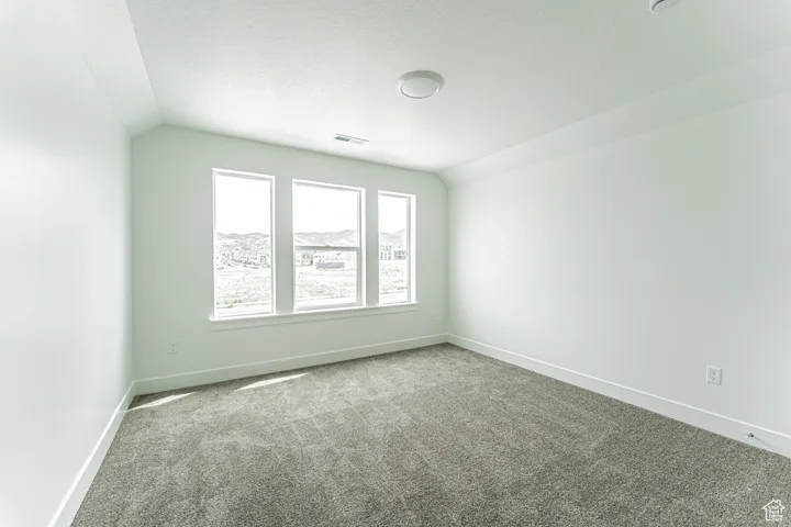 Unfurnished room featuring carpet flooring, a textured ceiling, and vaulted ceiling
