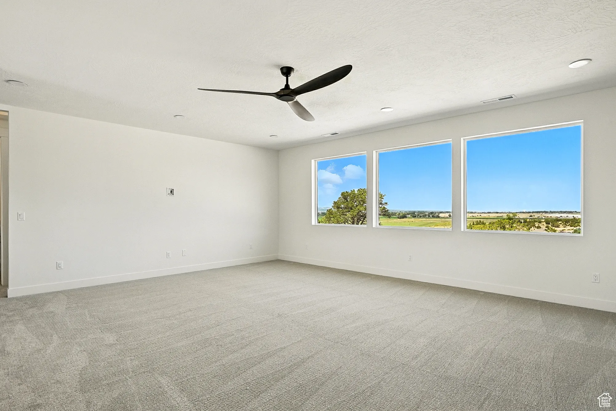 Spare room with light colored carpet, ceiling fan, and a textured ceiling