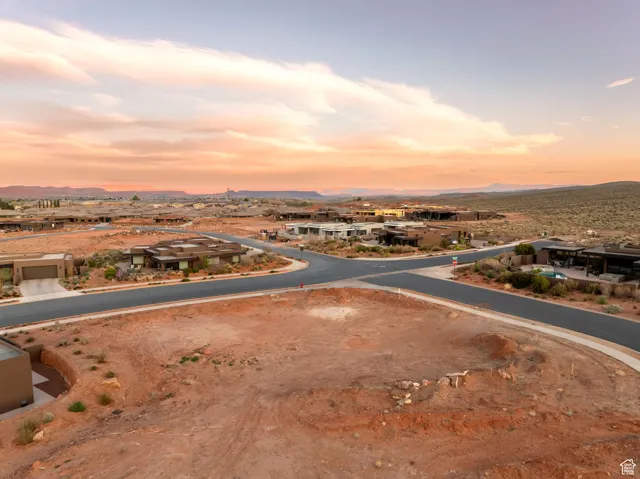 Aerial view at dusk with a mountain view