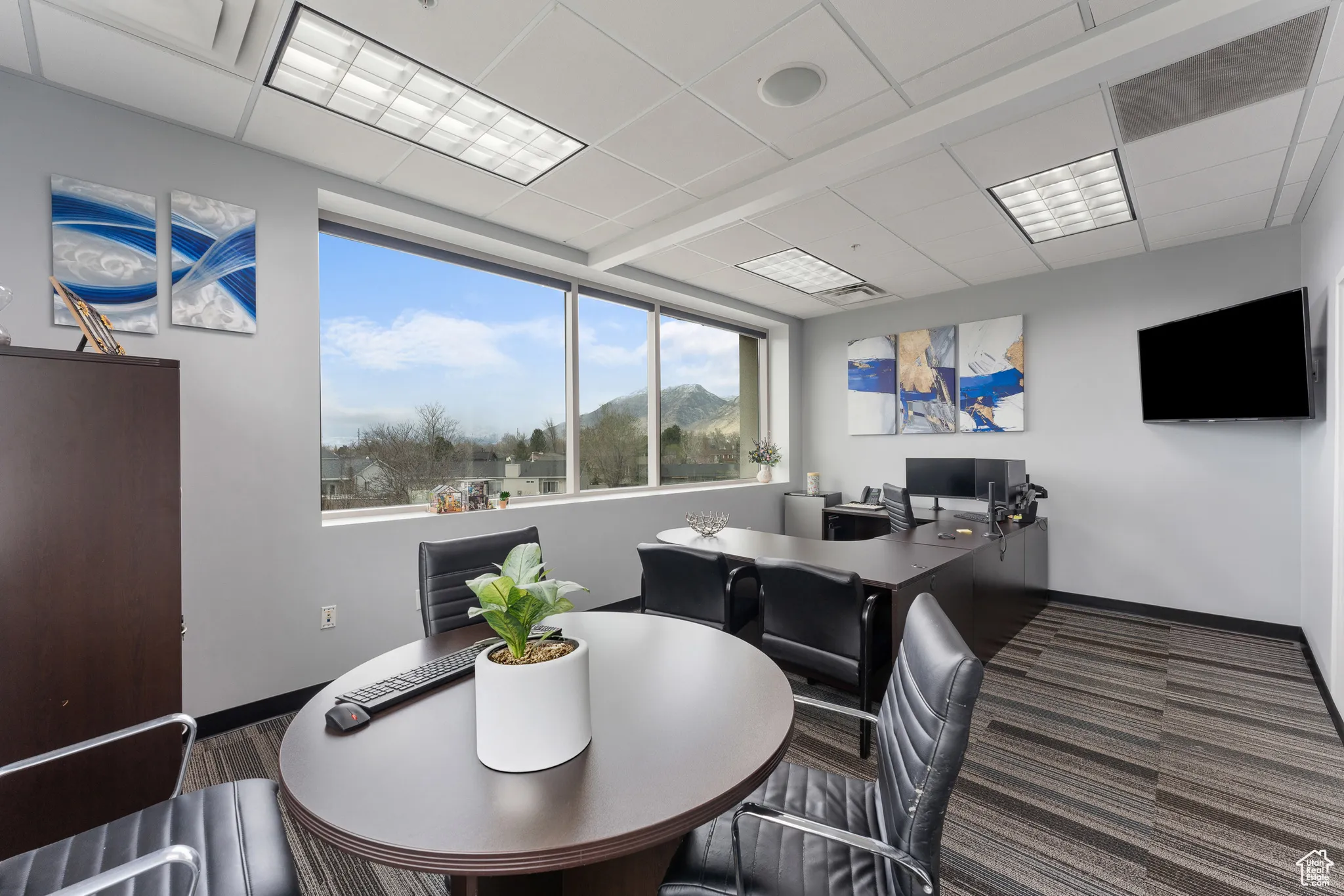 Carpeted office with baseboards and a paneled ceiling