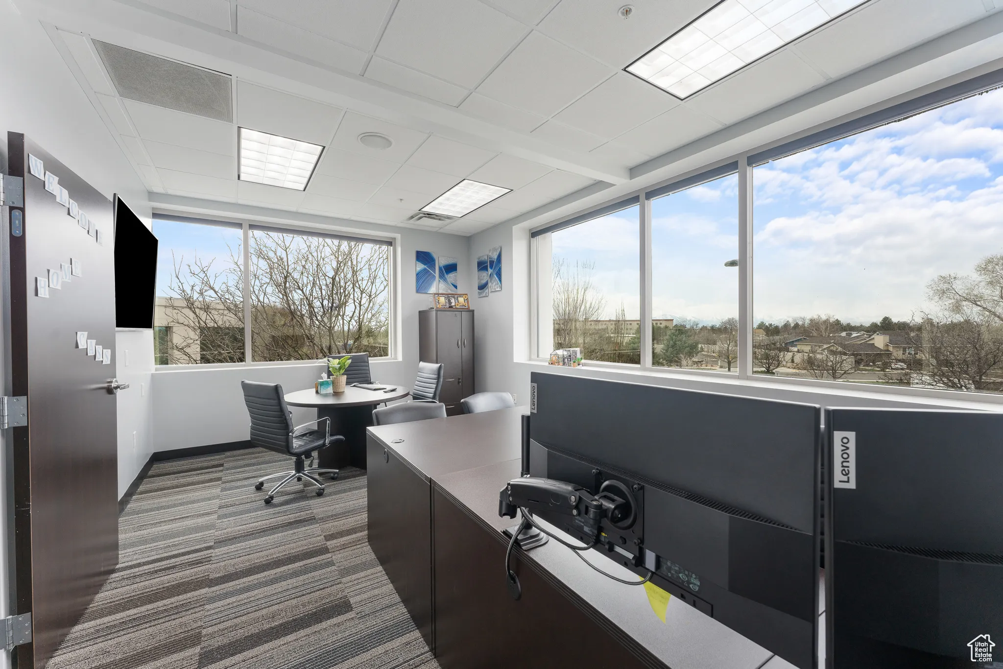 Home office with plenty of natural light, baseboards, carpet flooring, and a paneled ceiling