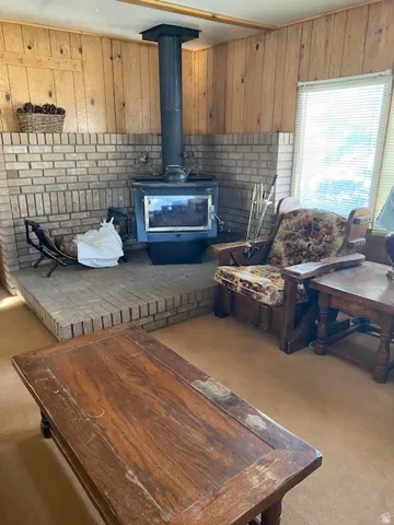 Living room featuring light colored carpet, wood walls, and a wood stove