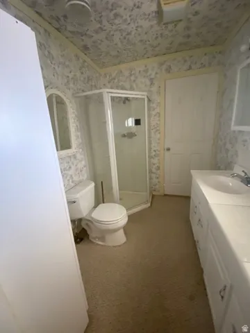 Bathroom with vanity, a stall shower, dark colored carpet, and wallpapered walls