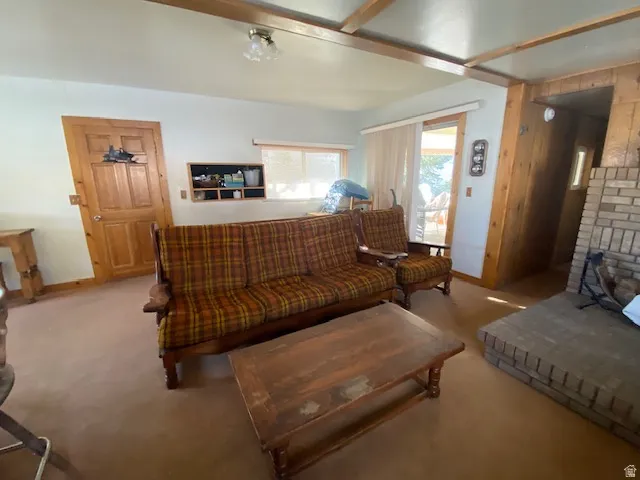 Living room with light colored carpet and wood walls