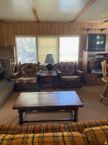 Carpeted living area featuring wooden walls and beam ceiling