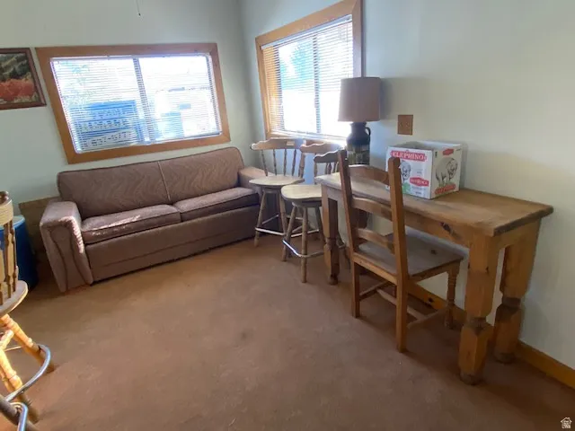 Office space featuring light colored carpet
