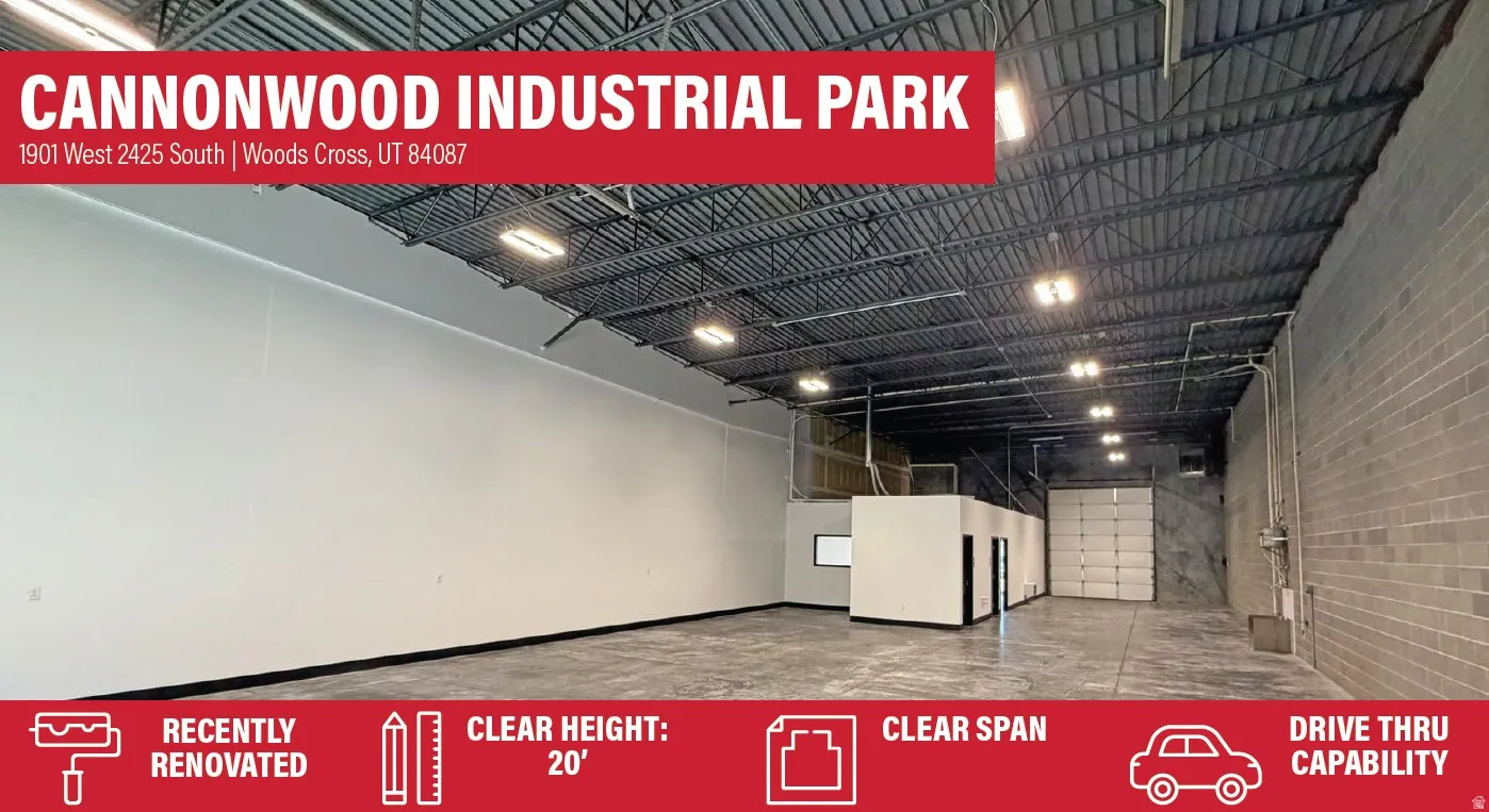 Marketing Advertisement. Displaying a recently renovated industrial property with specific dimensions and features