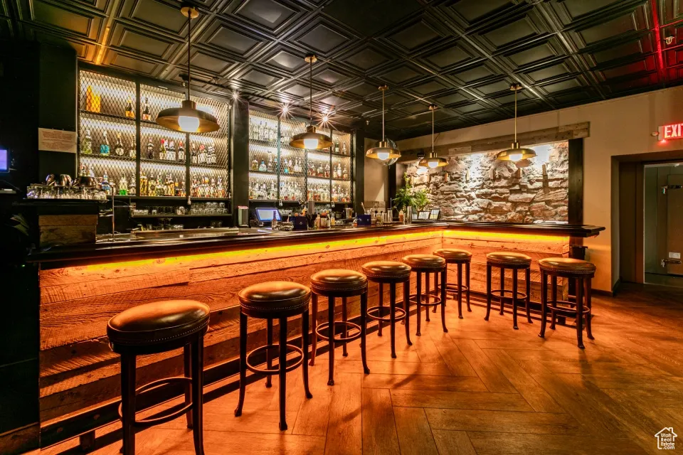 Bar with an ornate ceiling and a community bar