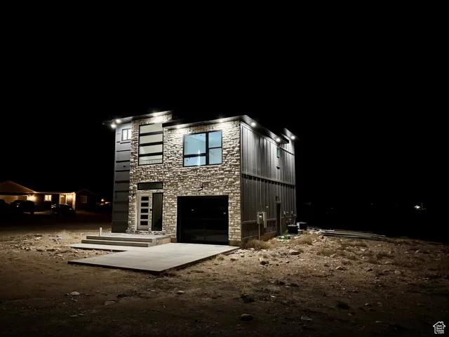 Exterior space with stone siding