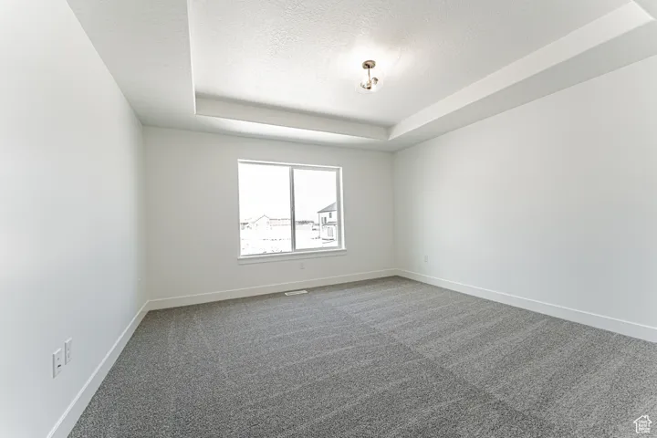 Carpeted spare room featuring a textured ceiling and a raised ceiling