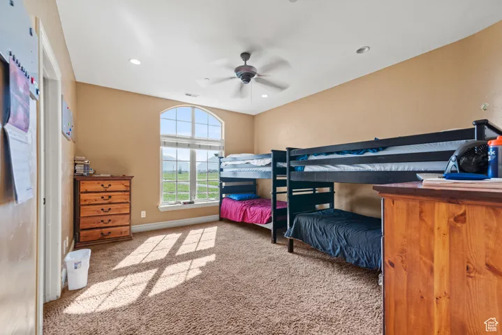 Carpeted bedroom featuring ceiling fan, baseboards, visible vents, and recessed lighting
