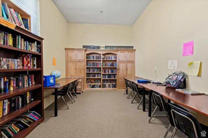 Office area featuring bookshelves and light carpet