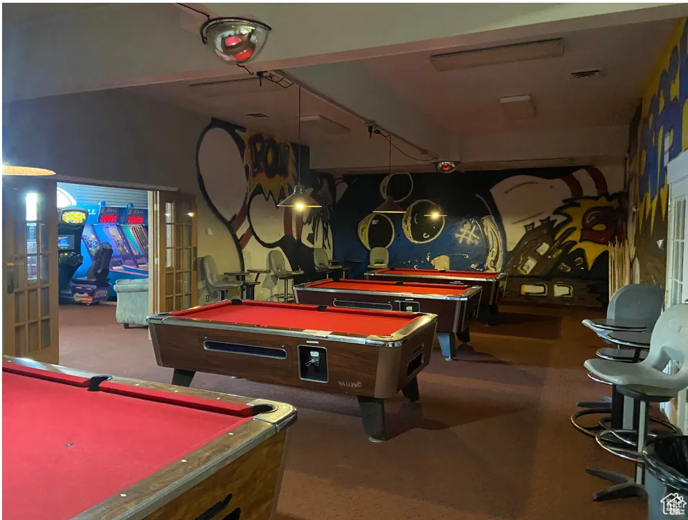 Recreation room featuring pool table, carpet flooring, and visible vents