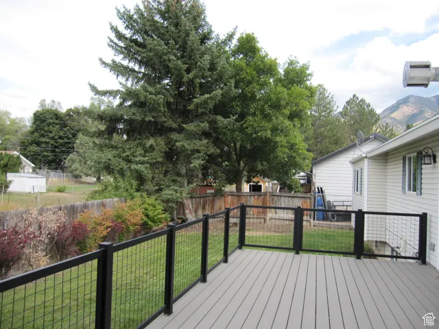 Deck with a yard and a fenced backyard