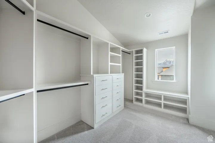 Spacious closet with light colored carpet
