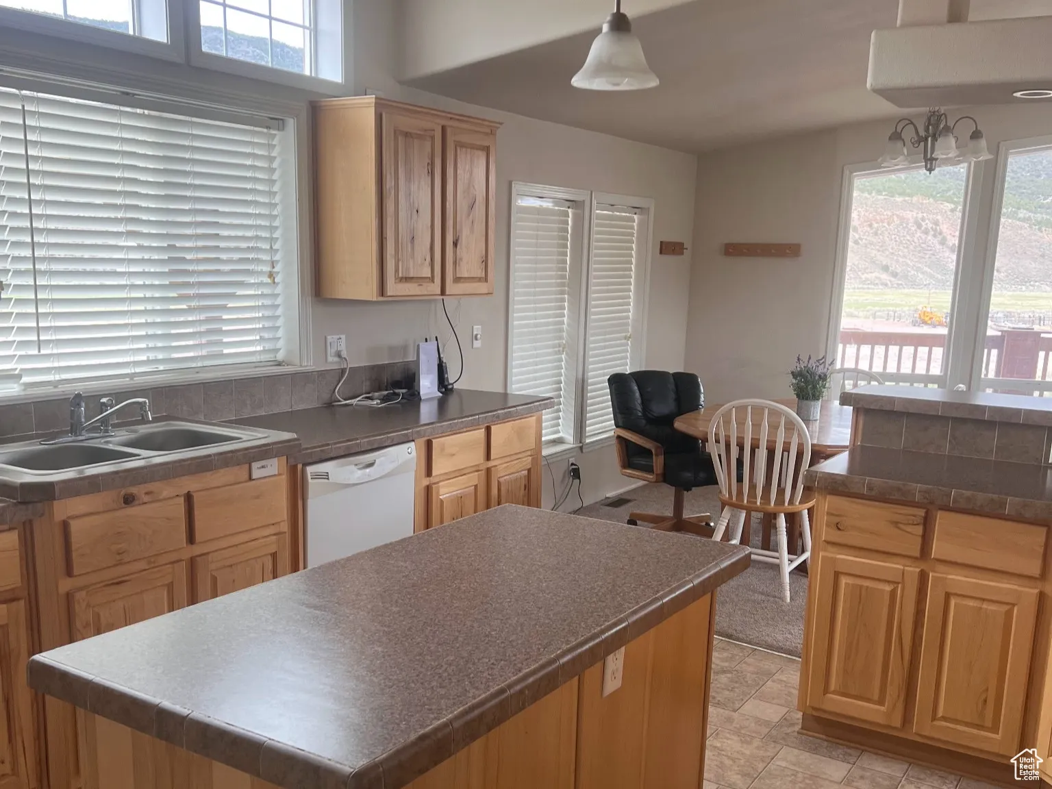 Kitchen with dark countertops, a healthy amount of sunlight, dishwasher, and a sink