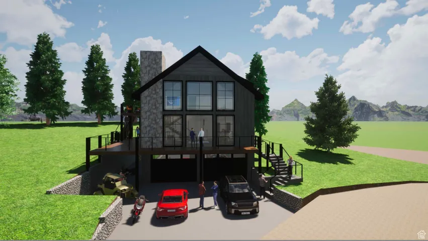 Back of house featuring stairway, a chimney, a yard, and a mountain view