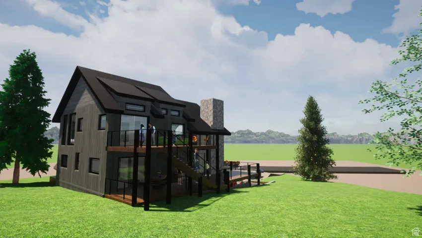 Exterior space with a lawn, a chimney, and stairs