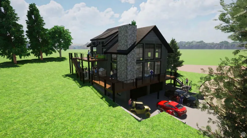 Rear view of property featuring a lawn, stairway, and a deck