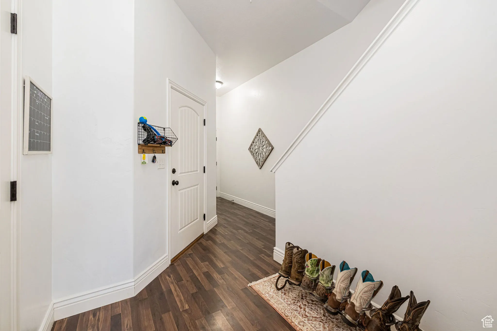 Entrance foyer featuring dark wood finished floors and baseboards