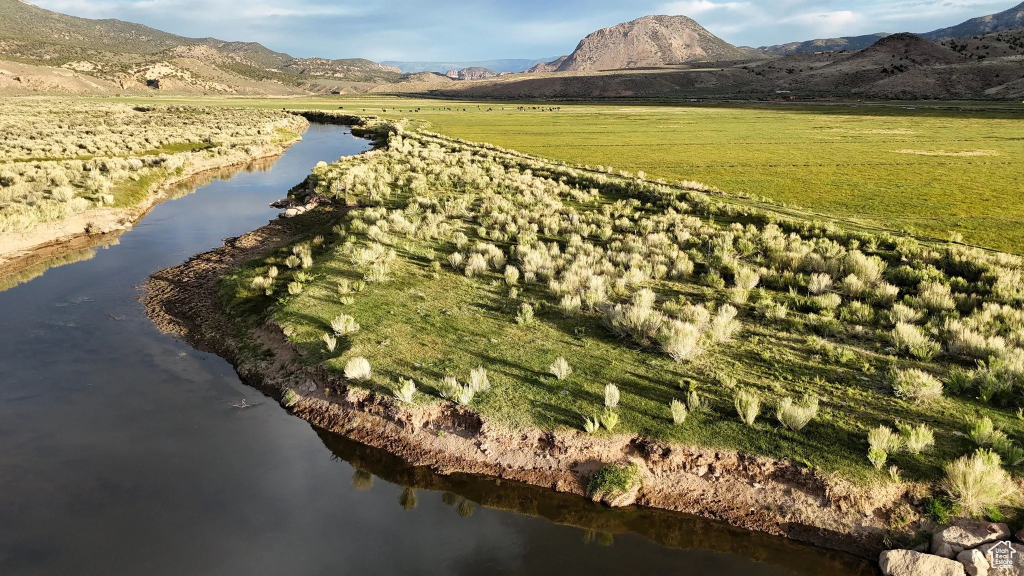 Aerial view of property and surrounding area with rural landscape and a water and mountain view