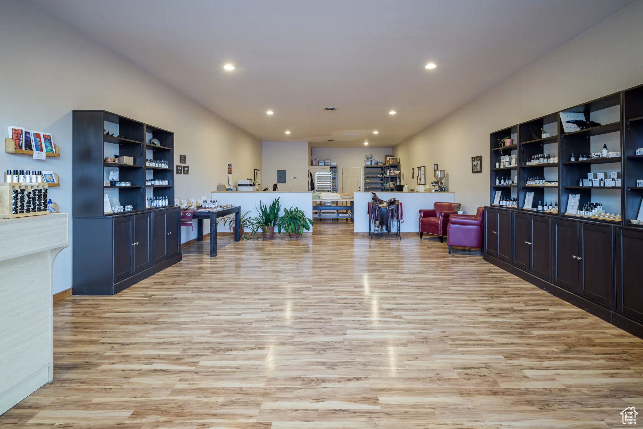 Interior space featuring light wood finished floors and recessed lighting