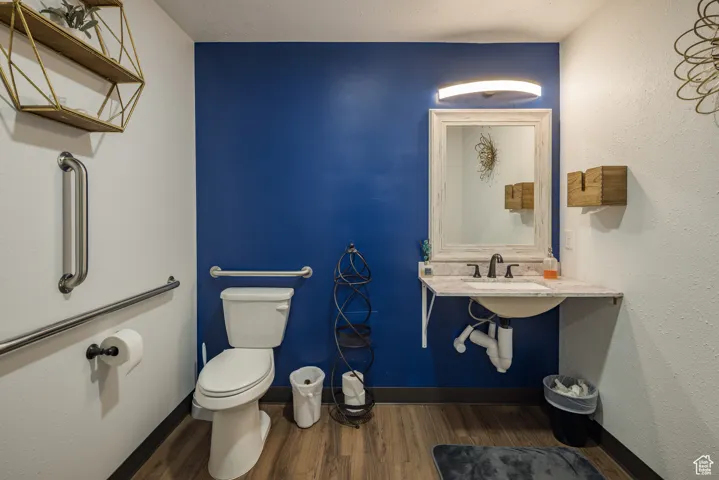 Bathroom with wood finished floors, toilet, baseboards, and a sink