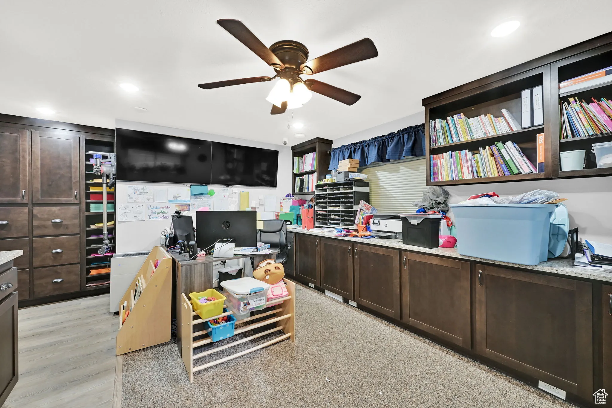Office with a ceiling fan, light wood-style flooring, and recessed lighting