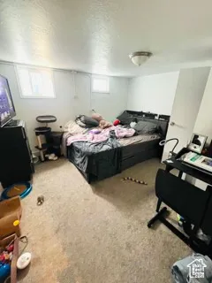 Bedroom featuring a textured ceiling and carpet flooring