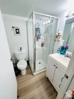 Full bath featuring wood finished floors, vanity, and a stall shower