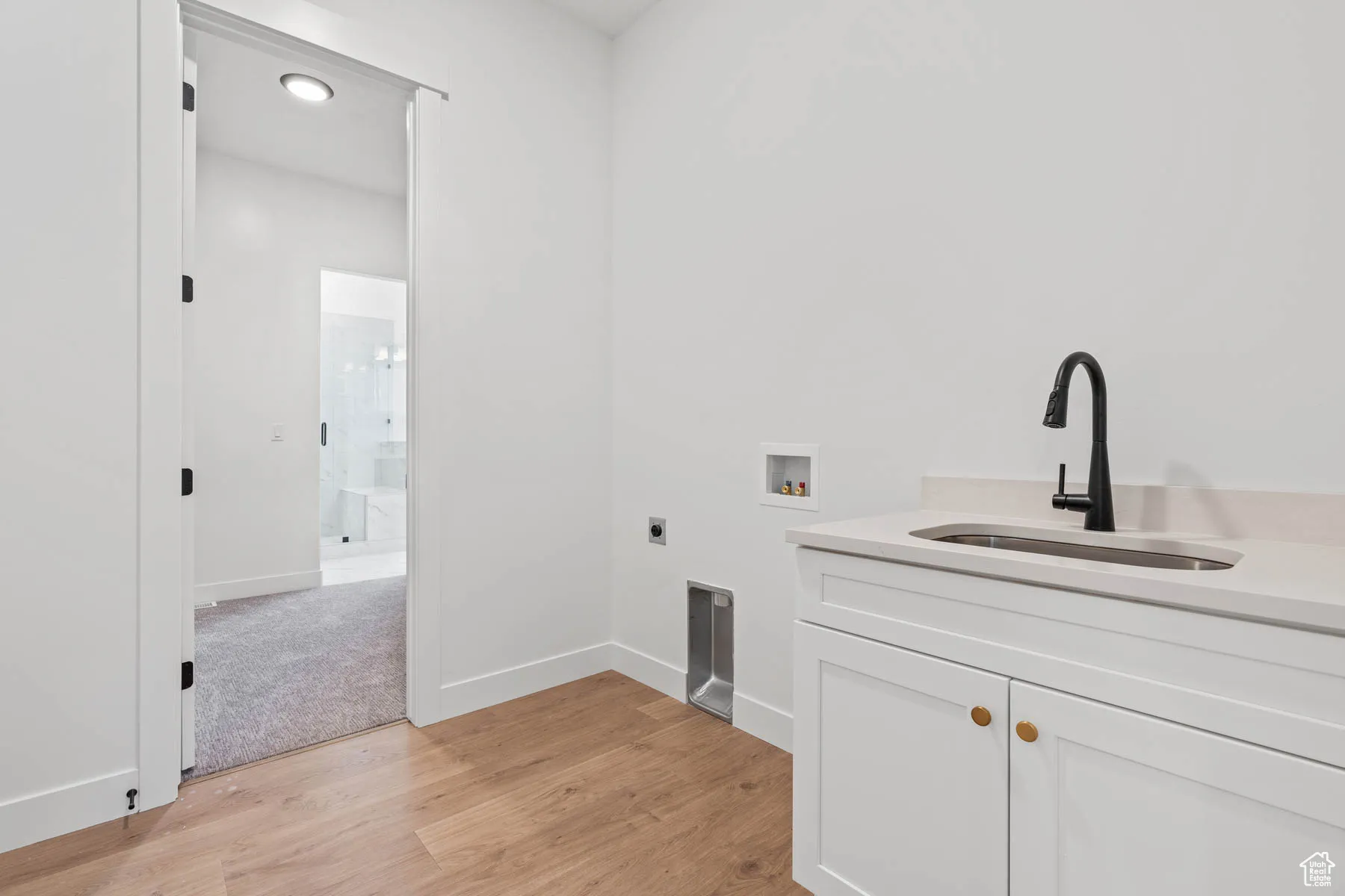 Laundry room with cabinet space, a sink, light wood finished floors, hookup for a washing machine, and electric dryer hookup