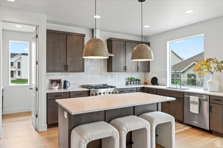 Kitchen featuring dark brown cabinets, light wood finished floors, dishwasher, decorative backsplash, and a kitchen island