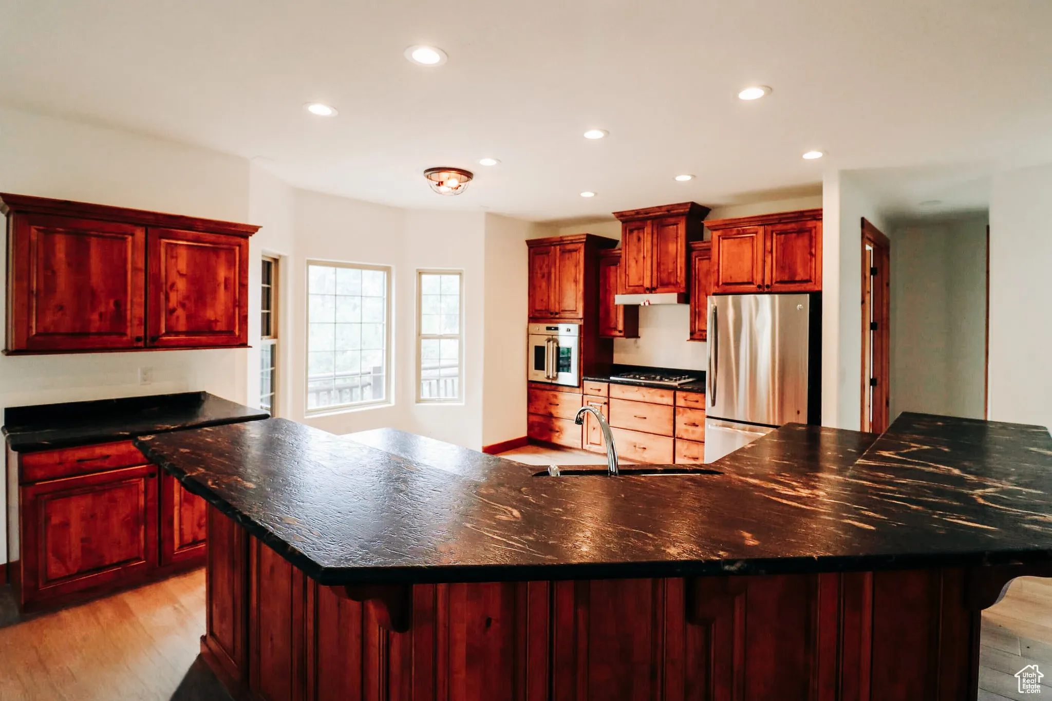 Kitchen featuring dark brown cabinets, light wood-style flooring, recessed lighting, and stainless steel appliances