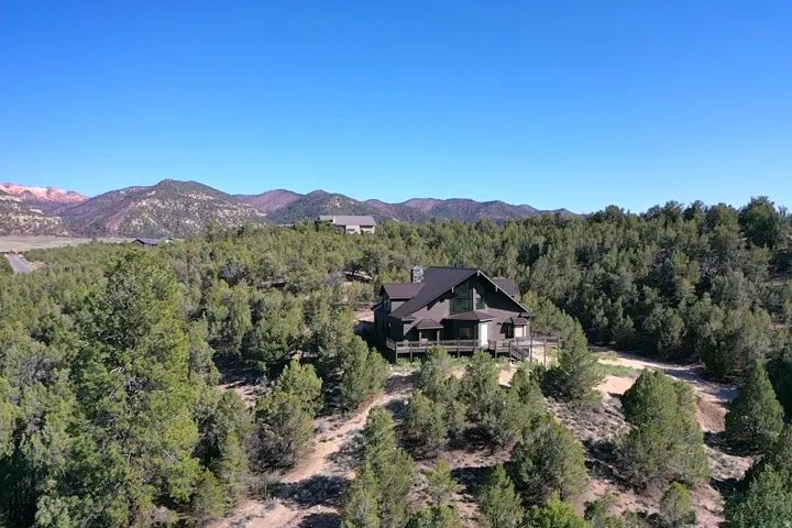 Hillside property featuring a multi-level wood-clad exterior, a dark-pitched roof, and surrounding wooded landscape