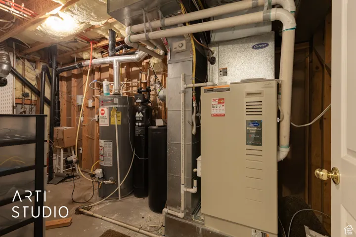 Utilities featuring water heater and heating unit