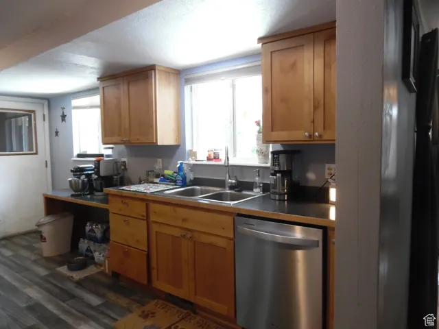 Kitchen with dishwasher, a sink, and dark wood-style flooring
