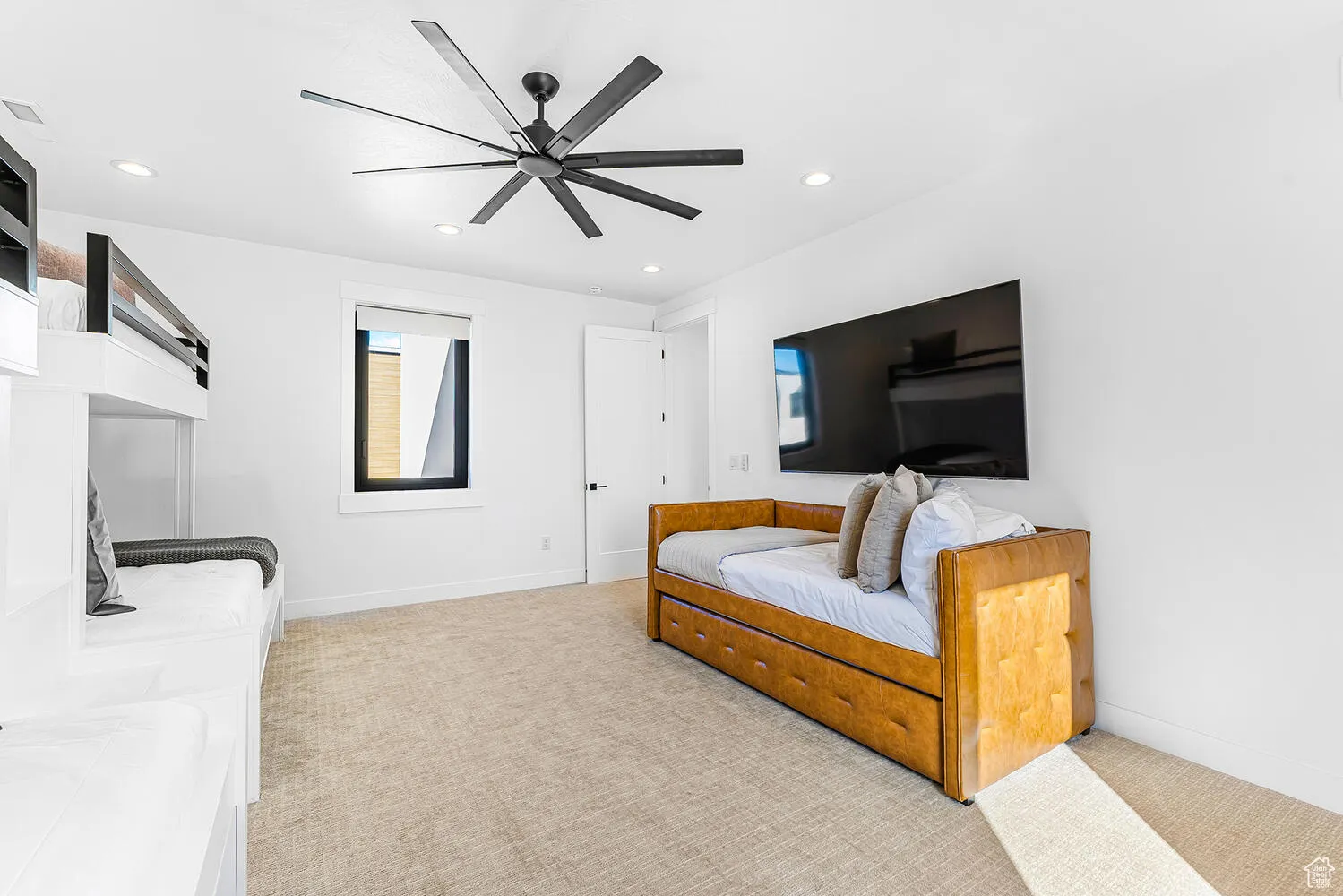 Bedroom with carpet, recessed lighting, baseboards, and a ceiling fan