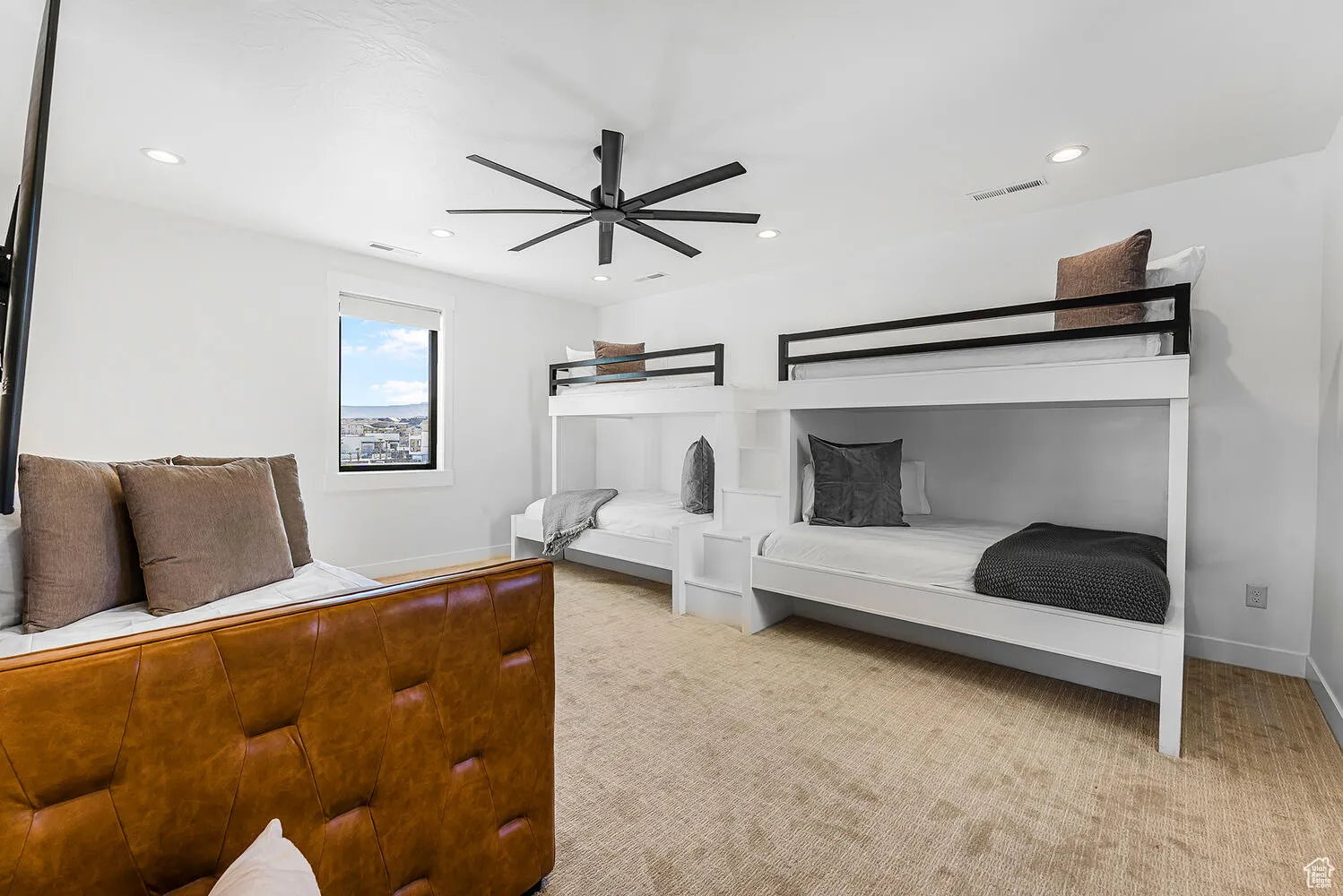 Bedroom featuring recessed lighting, carpet flooring, baseboards, and a ceiling fan