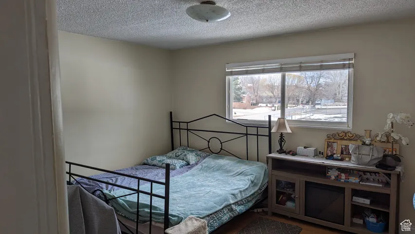 Bedroom with a textured ceiling