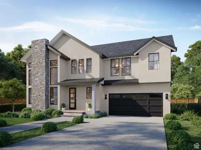 View of front of property featuring driveway, stucco siding, a garage, and a shingled roof