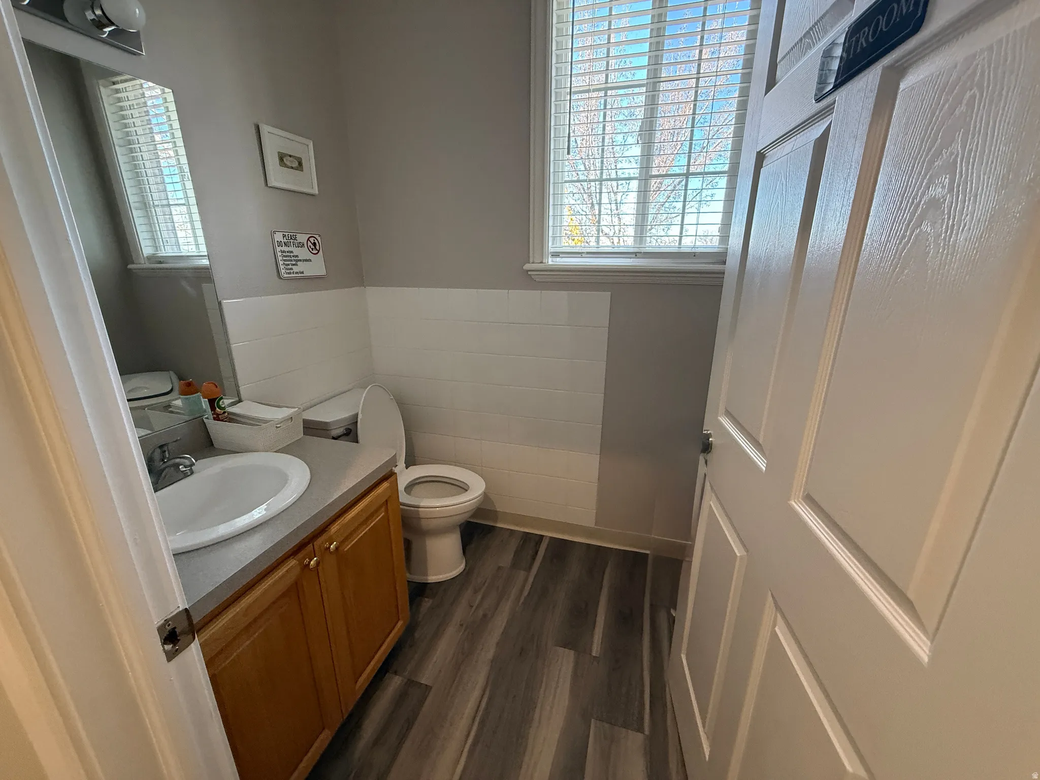 Shared Bathroom with vanity, dark wood-style floors, tile walls, a wainscoted wall, and plenty of natural light