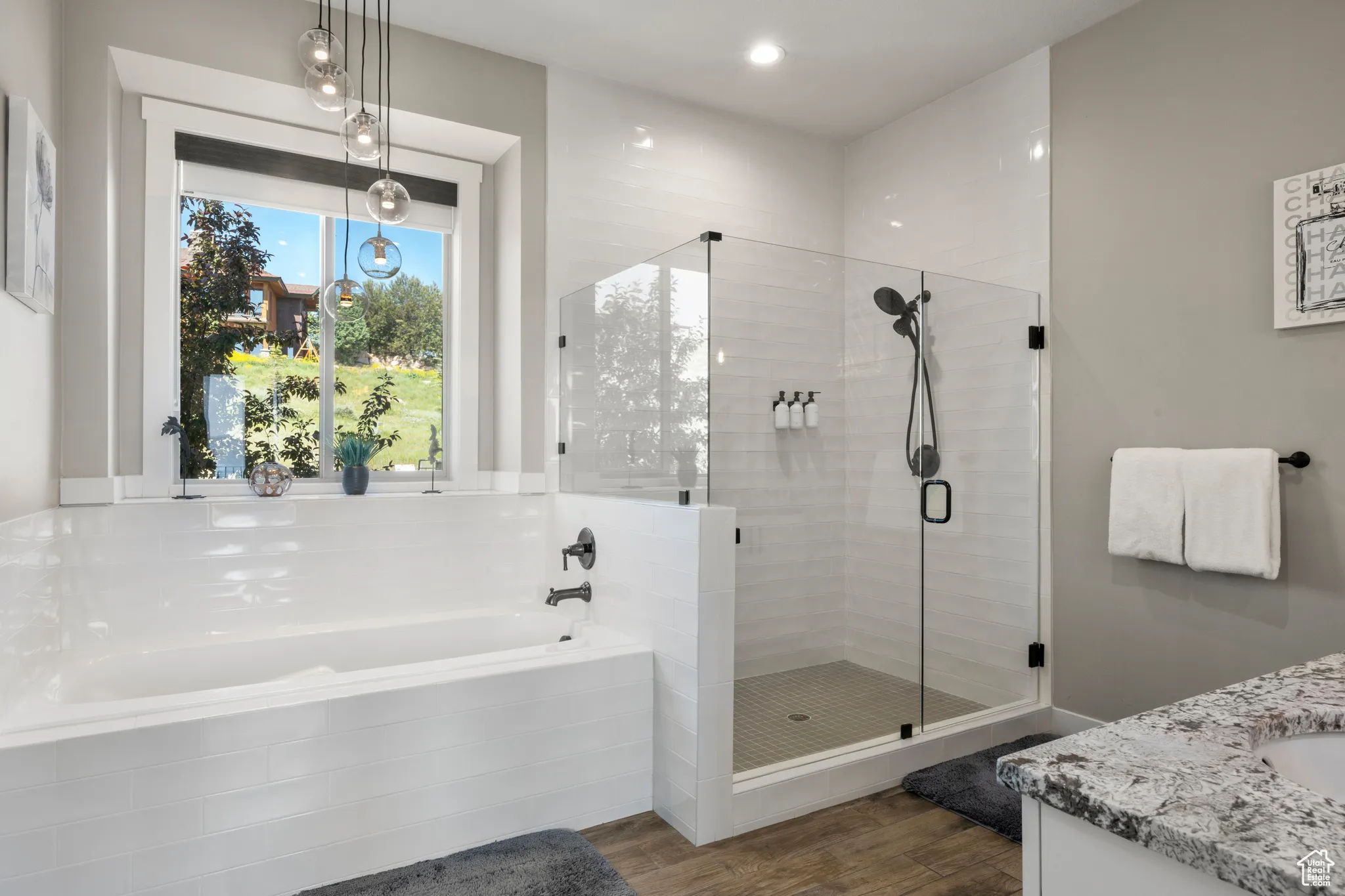 Full bathroom with a garden tub, vanity, wood finished floors, and a stall shower