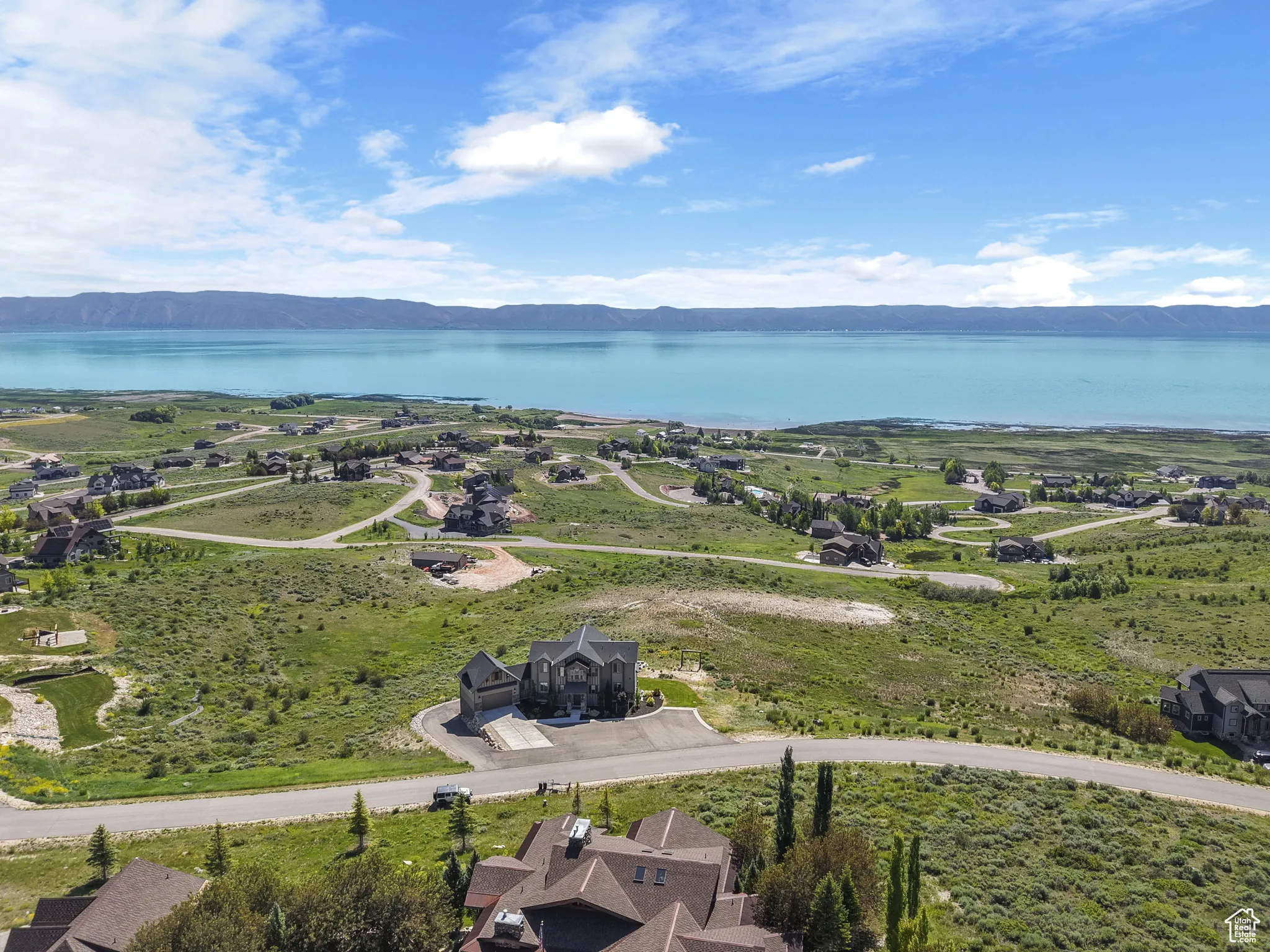 Aerial view of a water and mountain view