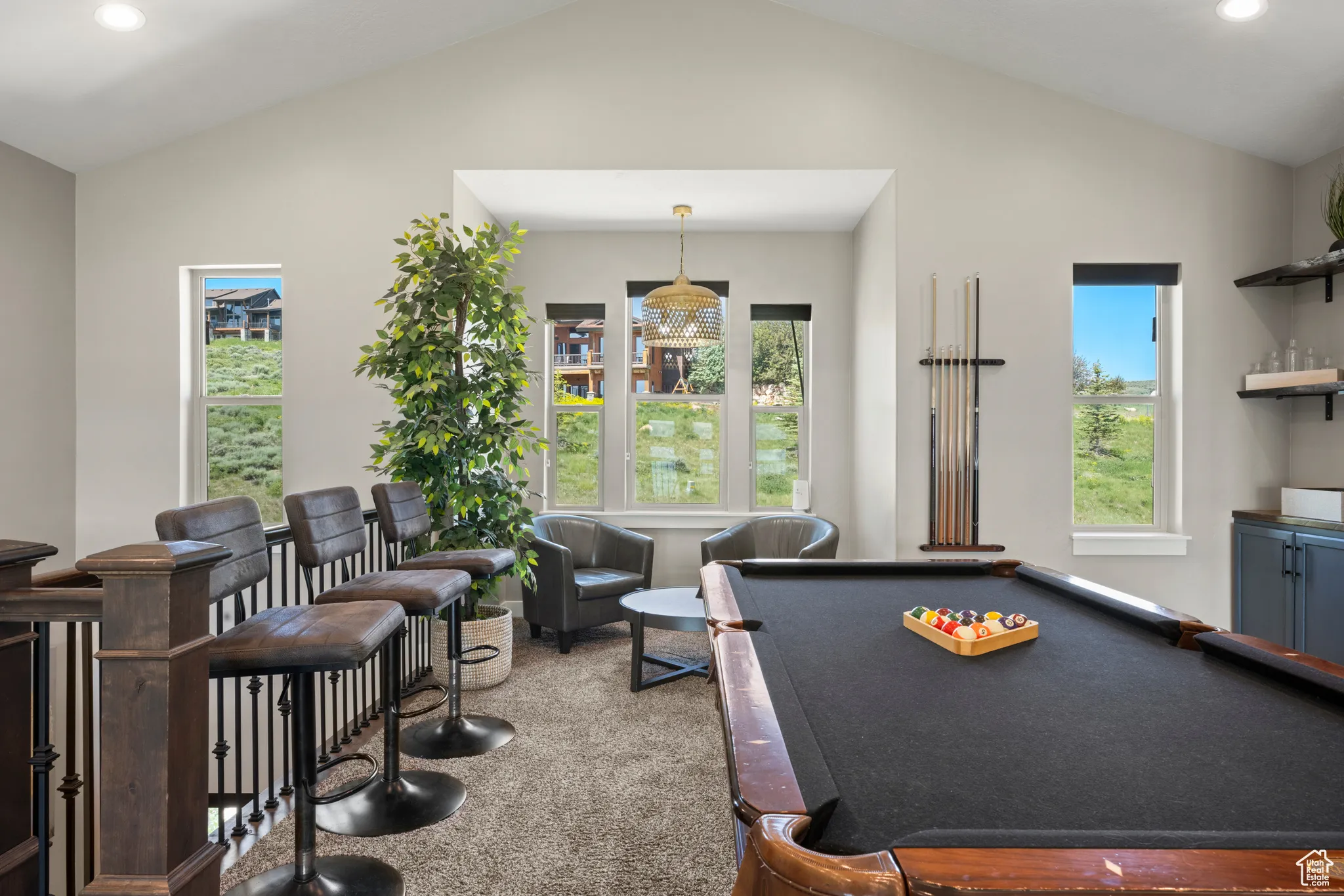 Game room featuring lofted ceiling, recessed lighting, and billiards table